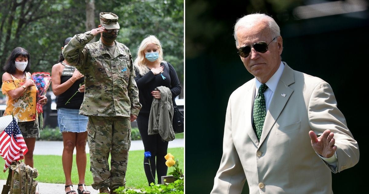 Left: Family members pay their respects to victims of the 9/11 attacks on the 19th anniversary commemoration ceremony at the 9/11 Memorial on Sept 11, 2020, in New York City. Right, President Joe Biden on the White House lawn on Friday.