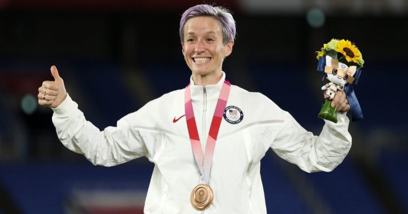 Megan Rapinoe of Team USA reacts after receiving the bronze medal after Canada beat Sweden in the gold-medal match in the Tokyo Olympics on Aug. 6, 2021.