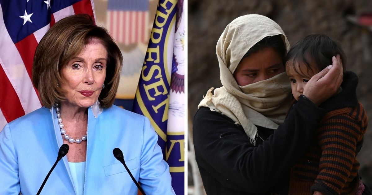 House Speaker Nancy Pelosi, left; and an unidentified Afghan woman and child, right.