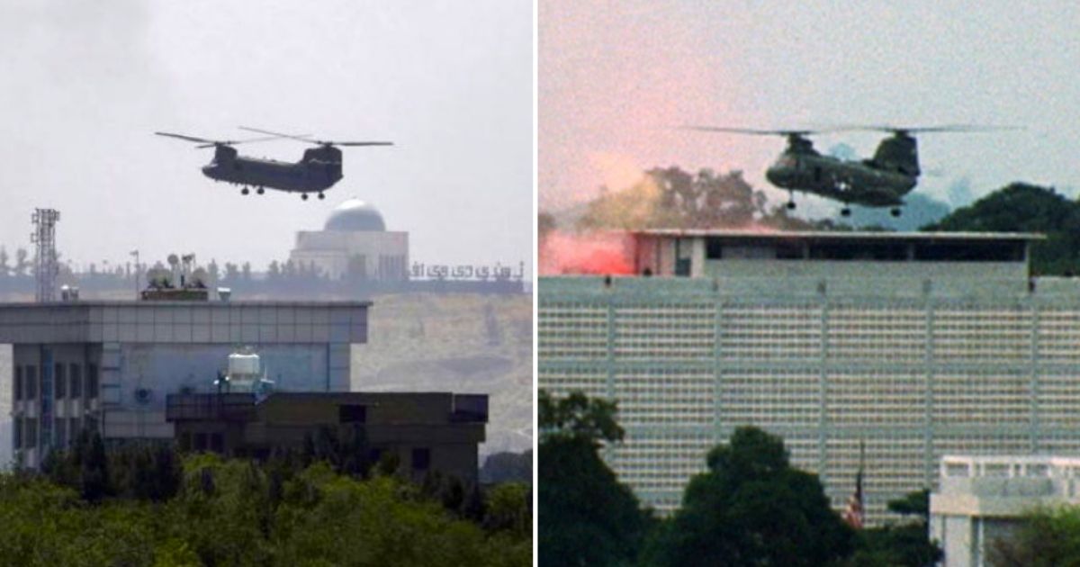 Left, U.S. diplomats are evacuated from the U.S. Embassy via helicopter as the Taliban enter Kabul, Afghanistan, this weekend. Right, U.S. diplomats are evacuated from the U.S. Embassy during the fall of Saigon, Vietnam, in 1975.