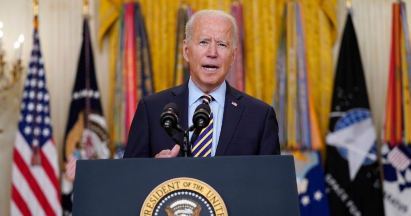 President Joe Biden speaks in the East Room of the White House on July 8, 2021, regarding American troop withdrawal from Afghanistan.