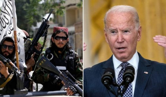 Taliban fighters in Kabul on Thursday, left; and President Joe Biden at the White House on Friday, right.