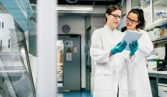 In this stock photo, scientists in a laboratory discuss data from an experiment. In Germany recently, researchers noticed a shocking change to a lab batch of mini-brains grown from adult stem cells.