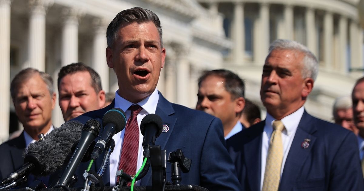 Rep. Jim Banks of Indiana, denounces President Joe Biden's handling of the Afghan withdrawal during a news conference Tuesday on Capitol Hill.