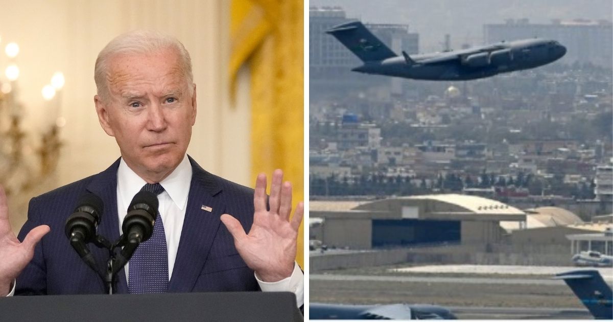 Left: President Joe Biden holds up his hands while speaking last week in the White House about the country's disastrous withdrawal from Afghanistan. Right: One of the last evacuation planes takes off from Kabul's Hamid Karzai International Airport.