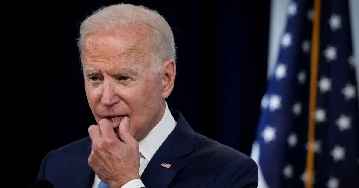 President Joe Biden is seen speaking at the South Court Auditorium at the White House on Monday.