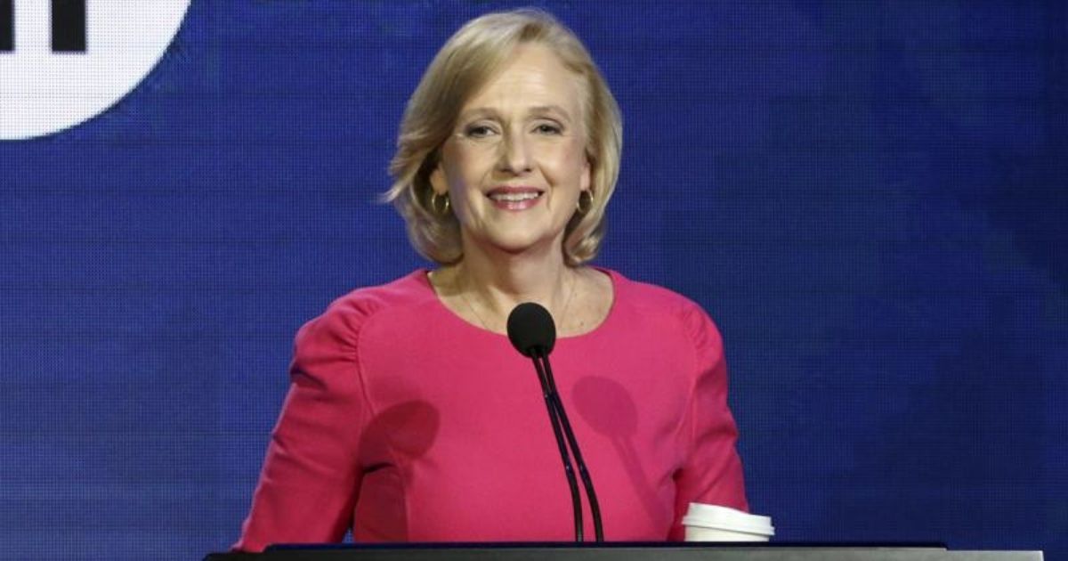 PBS President and CEO Paula Kerger is seen speaking during the PBS Executive Session at the Television Critics Association Winter Press Tour in Pasadena, California, in a photo taken on Feb. 2, 2019.