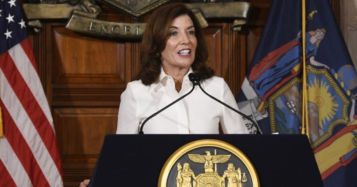 New York Gov. Kathy Hochul speaks during a swearing-in ceremony in Albany, New York, on Tuesday.