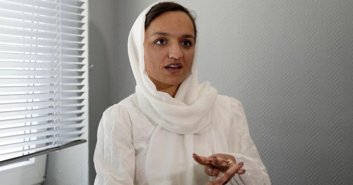 Afghan women’s rights activist Zarifa Ghafari speaks to the media at a hotel in Duesseldorf, Germany, on Wednesday.