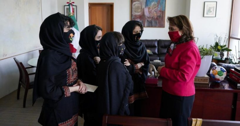 Members of the Afghan all-girls robotics team meet with Martha Delgado, Undersecretary for Multilateral Affairs and Human Rights at the Ministry of Foreign Relations of Mexico, in Mexico City on Wednesday.