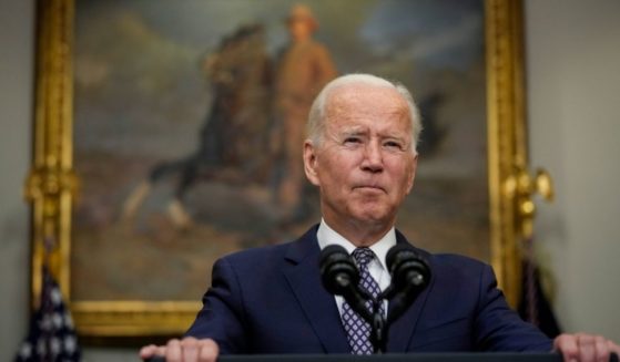 President Joe Biden is seen speaking at the Roosevelt Room in the White House on Wednesday.