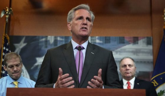 House Minority Leader Rep. Kevin McCarthy speaks as Rep. Jim Jordan, and House Minority Whip Rep. Steve Scalise listen during a news conference at the U.S. Capitol Sept. 25, 2019, in Washington, D.C.