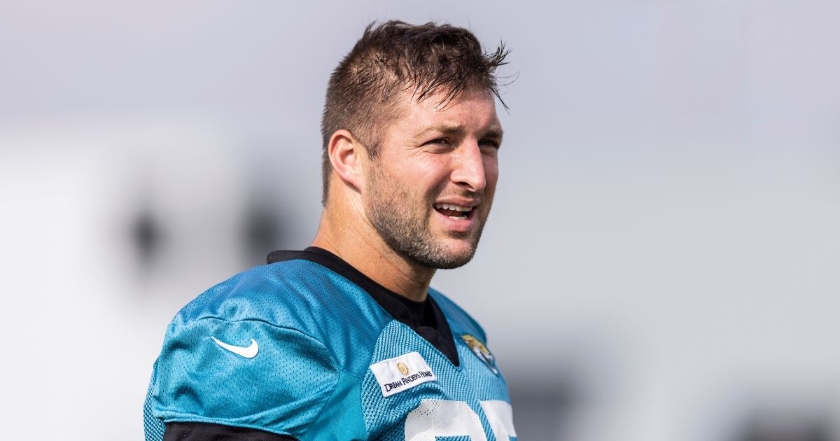 Tim Tebow looks on during the Jacksonville Jaguars training camp at TIAA Bank Field on July 30.