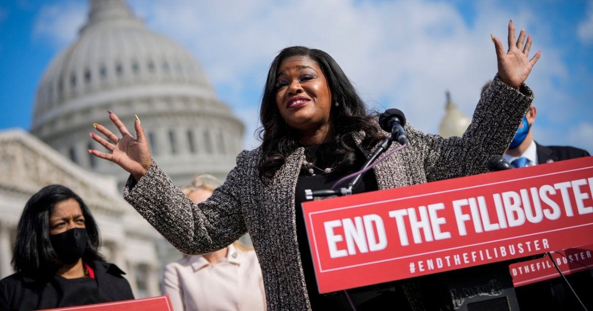 Missouri Democratic Rep. Cori Bush speaks during a news conference to advocate for ending the Senate filibuster, outside the U.S. Capitol on April 22, in Washington, D.C.