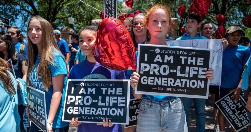 Students for Life members rally in support of Texas’ pro-life bill in Austin, Texas, on May 29, 2021.