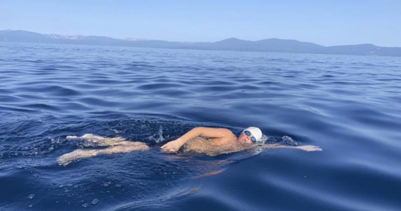 James Savage is seen swimming in Lake Tahoe from South Lake Tahoe, California to Incline Village, Nevada, in a photo taken on Aug. 1, 2021.