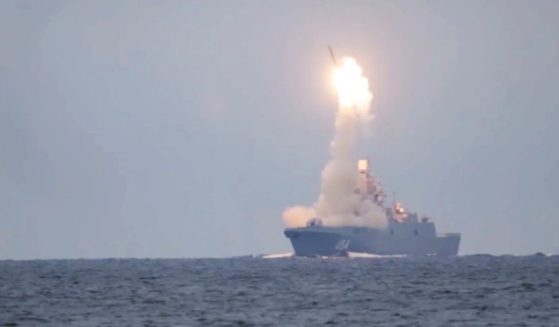In this photo taken from a video distributed by Russian Defense Ministry Press Service on Oct. 7, 2020, a Russian Zircon hypersonic cruise missile is launched from the Admiral Groshkov frigate in the White Sea, north of Russia.