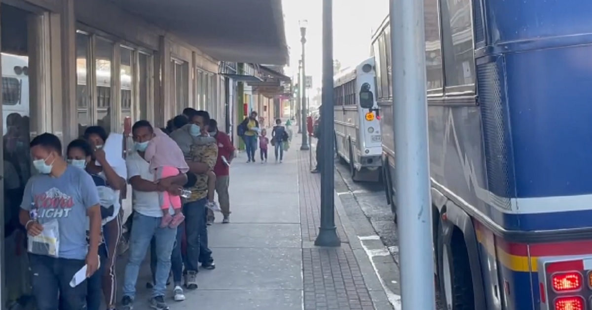 An image from a video Fox News reporter Bill Melugin posted to Twitter, depicting what he wrote was a busload of illegal immigrants being dropped off in McAllen, Texas, on Monday by the U.S. Border Patrol.