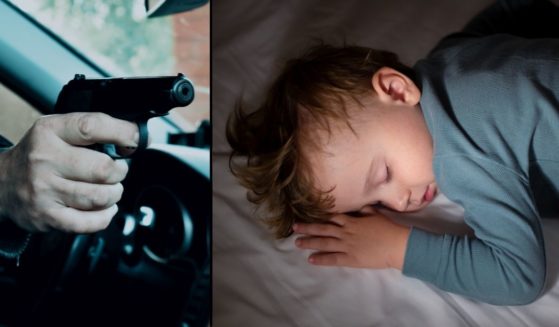 A man points a gun out of a car and a boy sleeps in these combined stock images.