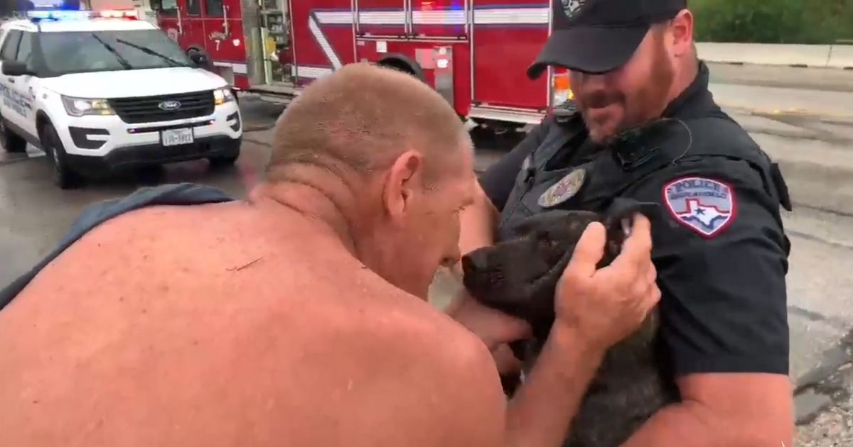 Richard McGinty pets the dog he jumped into a flooded arroyo to save on Tuesday in San Angelo, Texas.