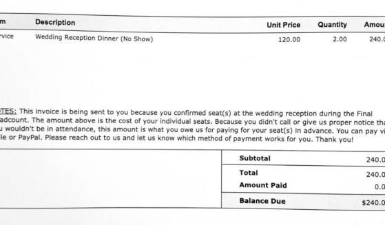 An invoice was created by a groom after four guests and their plus-ones no-showed at the wedding after confirming their RSVP four times.