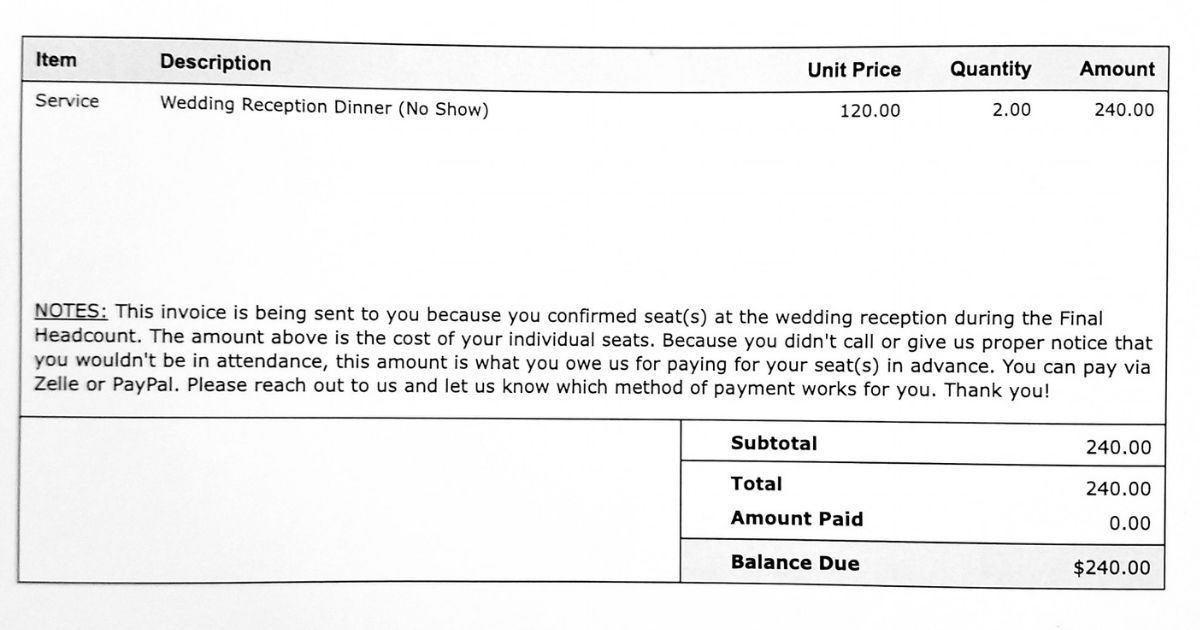 An invoice was created by a groom after four guests and their plus-ones no-showed at the wedding after confirming their RSVP four times.
