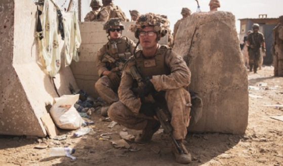 Marines on guard at Hamid Karzai International Airport in Kabul, Afghanistan.