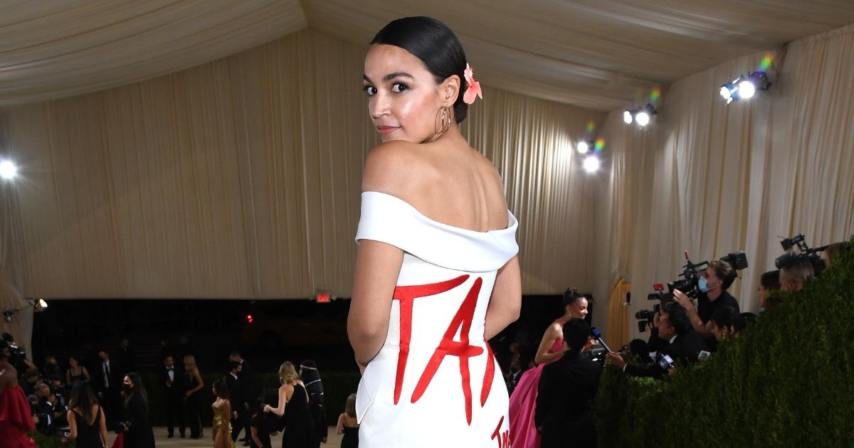 Democratic New York Rep. Alexandria Ocasio-Cortez shows off her "Tax the Rich" dress at the Met Gala at the Metropolitan Museum of Art in New York City on Monday.