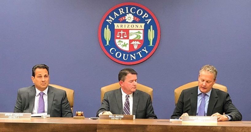 In this Oct. 23, 2019, file photo, the Maricopa County Board of Supervisors meets in Phoenix. Steve Chucri, second from left, a Republican official in Arizona resigned Tuesday from the board overseeing Maricopa County after a recording emerged of him criticizing his GOP colleagues for opposing a review of the 2020 election.
