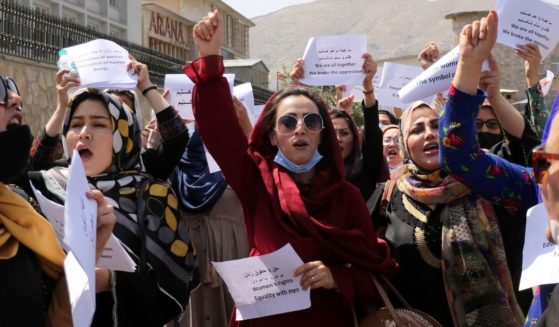Women gather to demand their rights under the Taliban rule during a protest in Kabul, Afghanistan, on Friday.