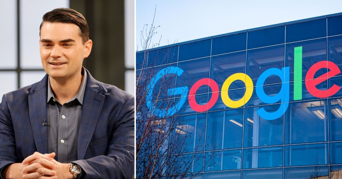 American political commentator Ben Shapiro is seen during a taping of "Candace" on March 17, 2021, in Nashville, Tennessee. The Google logo appears on the side of a building in the stock image on the right.
