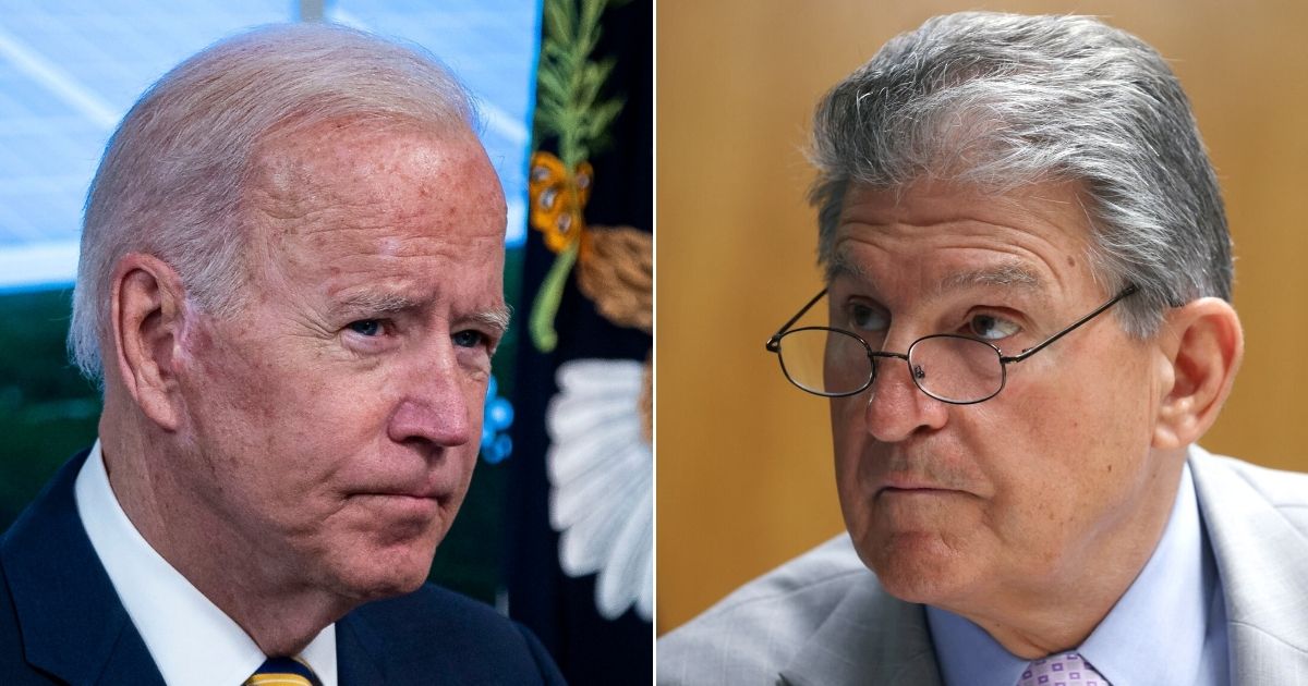 At left, President Joe Biden participates in a conference call in the Eisenhower Executive Office Building in Washington on Friday. At right, Democratic Sen. Joe Manchin of West Virginia attends a Senate Appropriations subcommittee hearing in Washington on June 9.