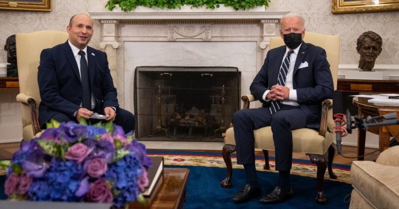 President Joe Biden, right, meets with Israeli Prime Minister Naftali Bennett in the Oval Office at the White House on Aug. 27, 2021.