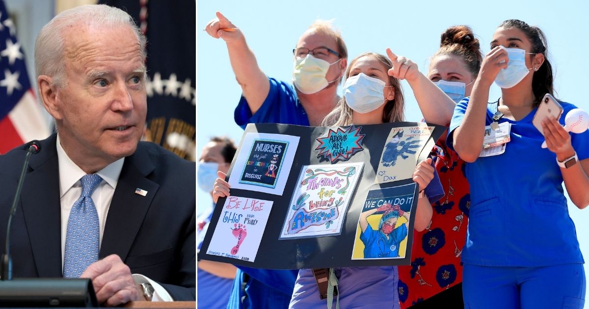 At left, President Joe Biden speaks in the Executive Office Building in Washington on Wednesday. At right, Texas hospital staff look on in anticipation of the Navy Blue Angels flyover of Dallas in support of health care workers on May 6, 2020.