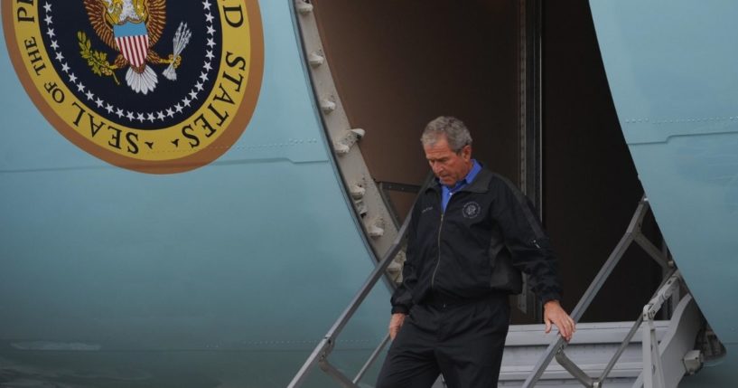 President George W. Bush steps off Air Force One on Sept. 3, 2008, upon arrival at Baton Rouge Metropolitan Airport in Baton Rouge, Louisiana.