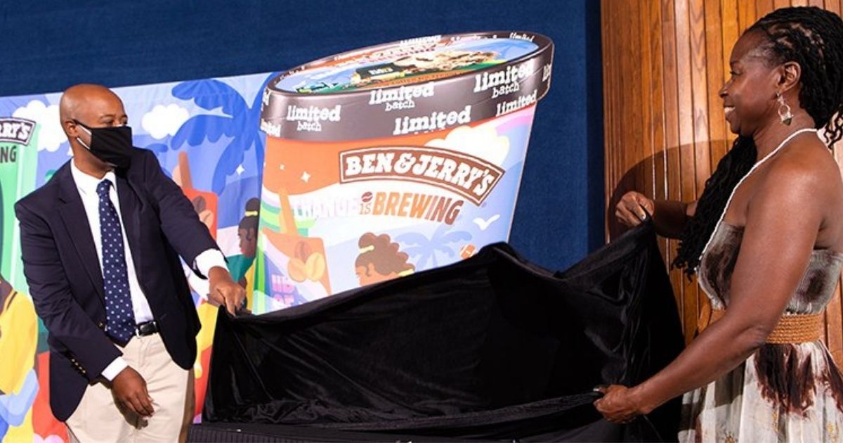 Democratic Rep. Cori Bush of Missouri, right, helps to unveil Ben & Jerry's new Change is Brewing ice cream.