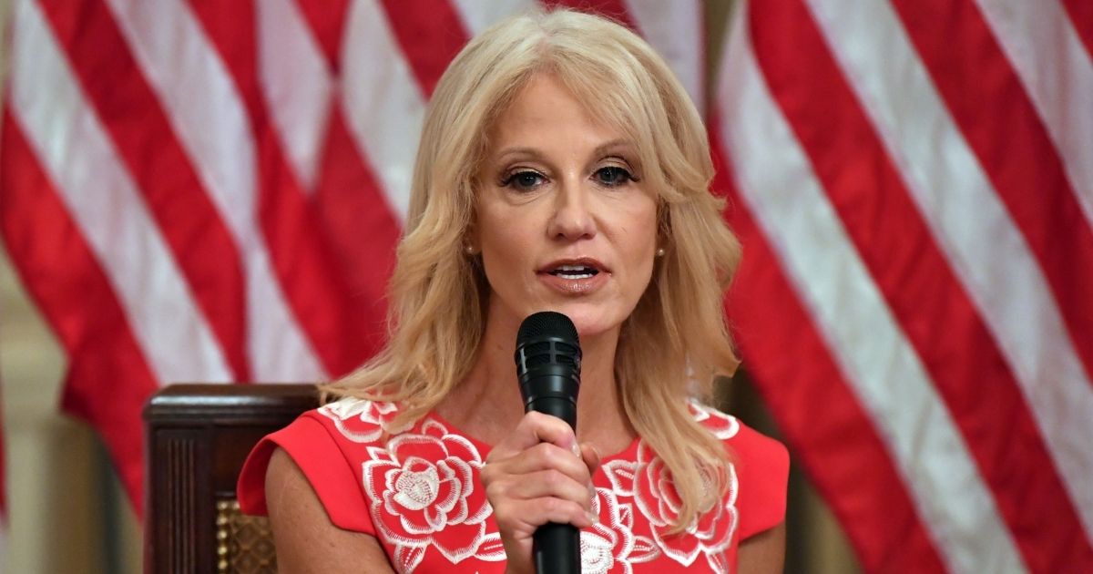 Kellyanne Conway speaks during an event in the State Room of the White House in Washington, D.C., on Aug. 12, 2020.