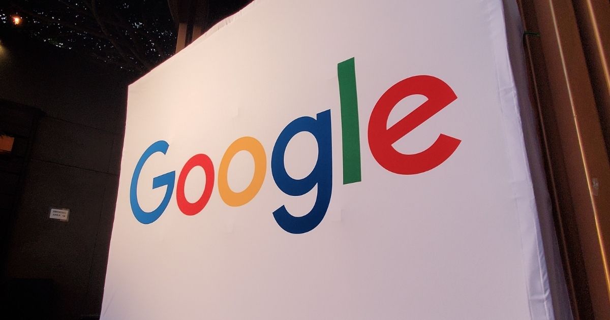 A large conference display with the Google logo is pictured in Los Angeles on Oct. 28, 2019.