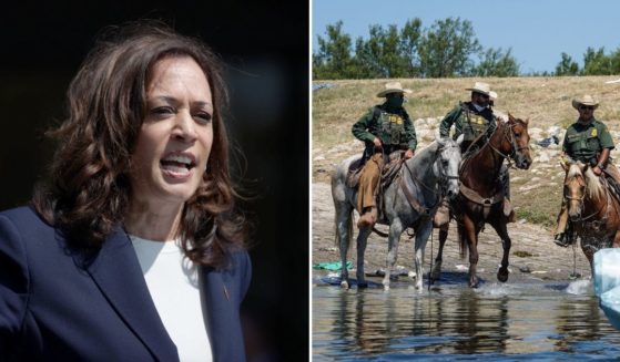 Border Patrol agents respond to Vice President Kamala Harris, left, after she mistakenly referred to a rein as a whip.