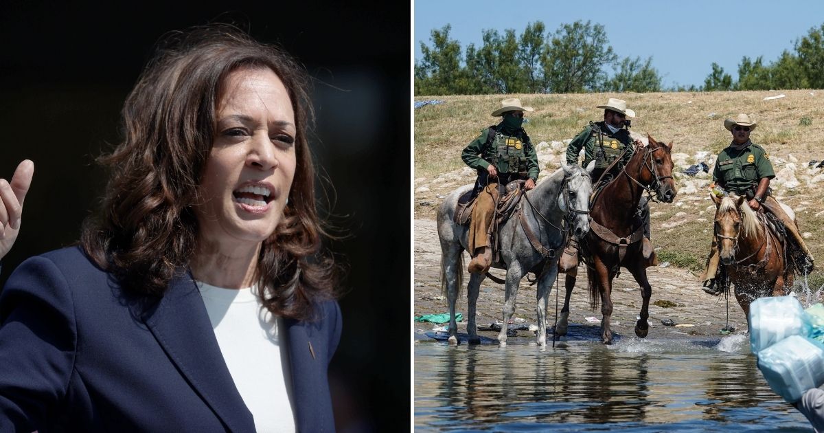 Border Patrol agents respond to Vice President Kamala Harris, left, after she mistakenly referred to a rein as a whip.