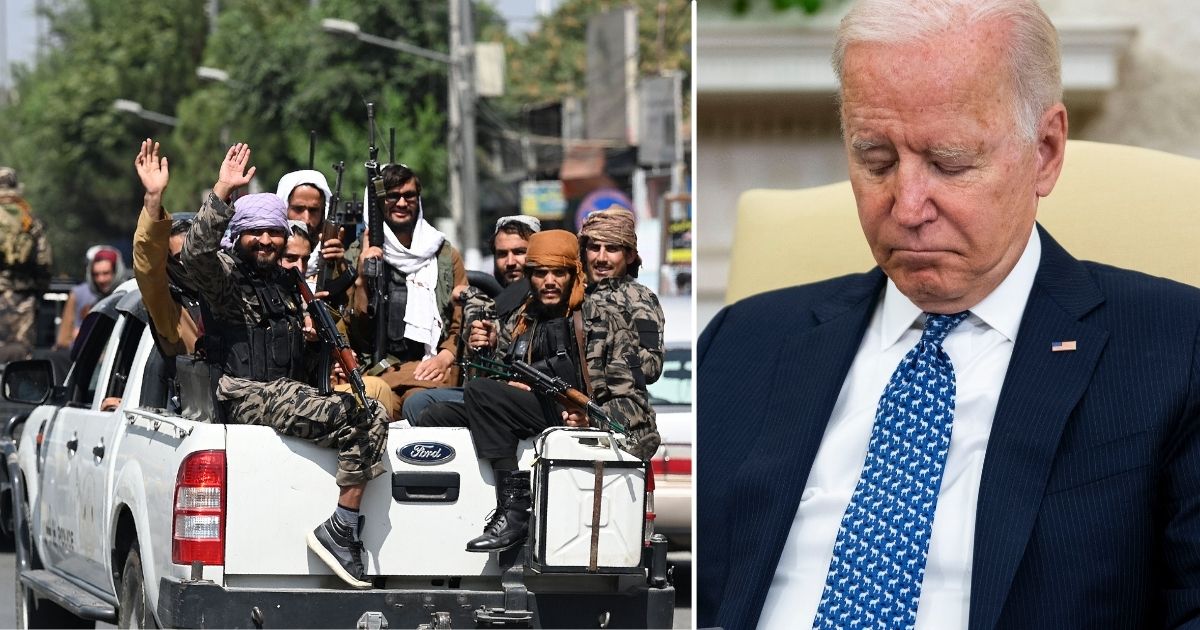 Taliban fighters wave as they patrol a street in Kabul on Thursday. President Joe Biden is seen in the Oval Office at the White House on Wednesday in Washington, D.C.