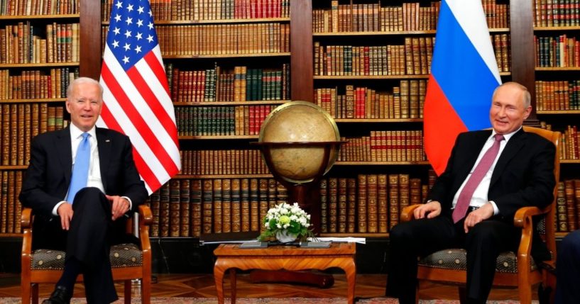 U.S. President Joe Biden, left, and Russian President Vladimir Putin meet on June 16, 2021, in Geneva, Switzerland.