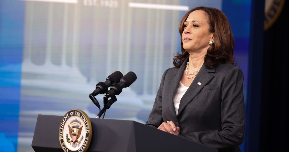 Vice President Kamala Harris gestures as she delivers remarks in the South Court Auditorium in the Eisenhower Executive Office Building on July 27, 2021, in Washington, D.C.
