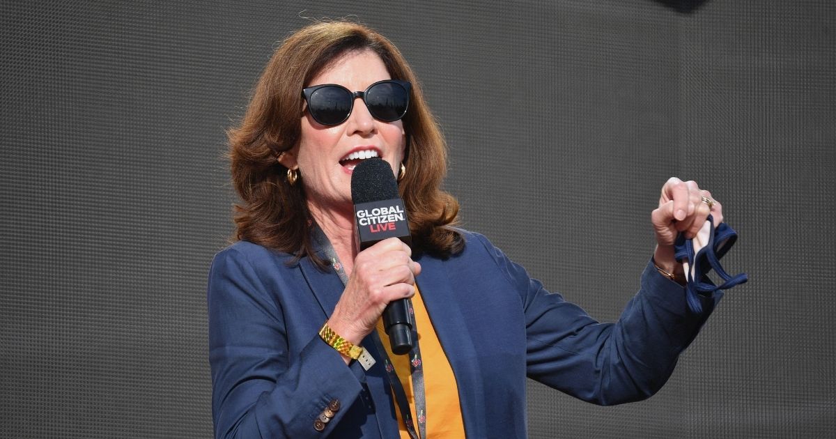 New York Gov. Kathy Hochul speaks during the 2021 Global Citizen Live festival in Central Park in New York City on Saturday.