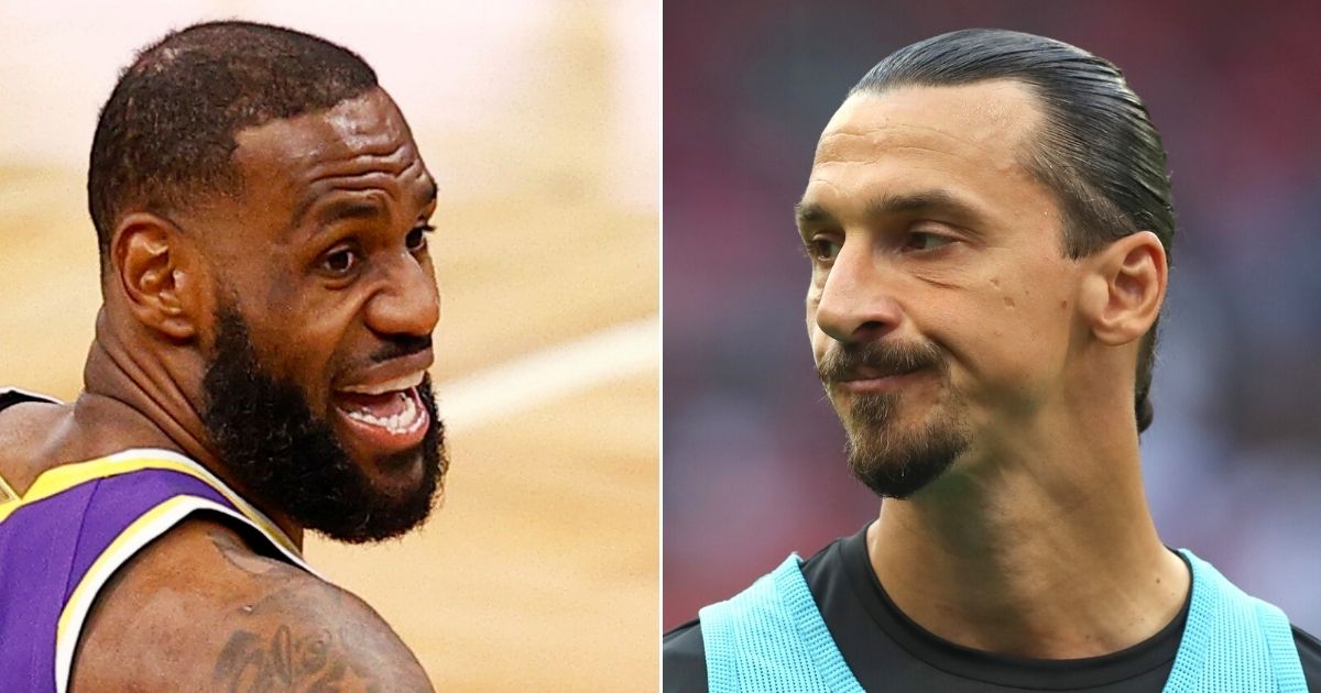 At left, LeBron James of the Los Angeles Lakers is seen in action against the Boston Celtics at TD Garden in Boston on Jan. 30, 2021 in Boston, Massachusetts. At right, Zlatan Ibrahimovic of AC Milan reacts before a Serie A match against SS Lazio at Stadio Giuseppe Meazza in Milan, Italy, on Sunday.