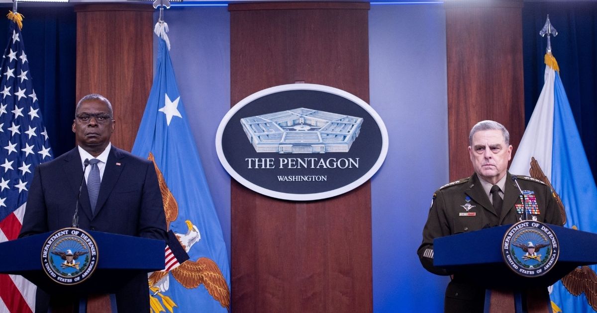Secretary of Defense Lloyd Austin, left, and Gen. Mark Milley, chairman of the Joint Chiefs of Staff, hold a media briefing at the Pentagon in Washington, D.C., on Wednesday.