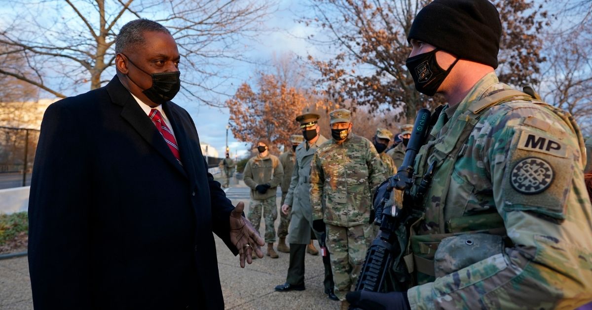 Secretary of Defense Lloyd Austin visits National Guard troops deployed at the U.S. Capitol and its perimeter in Washington on Jan. 29.