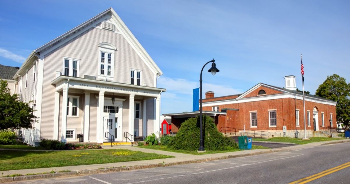 This stock image portrays the town hall building in South Portland, Maine. One resident of York, Maine, has received attention, both good and bad, for creating an anti-woke yard sign.