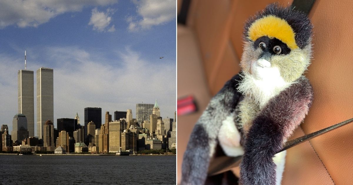 Left, the Manhattan skyline with the World Trade Center is seen on June 12, 1998 in New York, New York. Right, a monkey stuffed animal is buckled in a car.