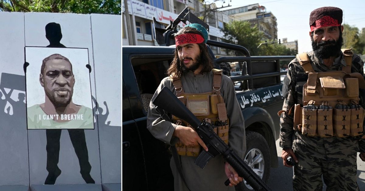At left, George Floyd is depicted in a mural in Kabul. At right, Taliban fighters stand guard along a road in Kabul on Thursday.